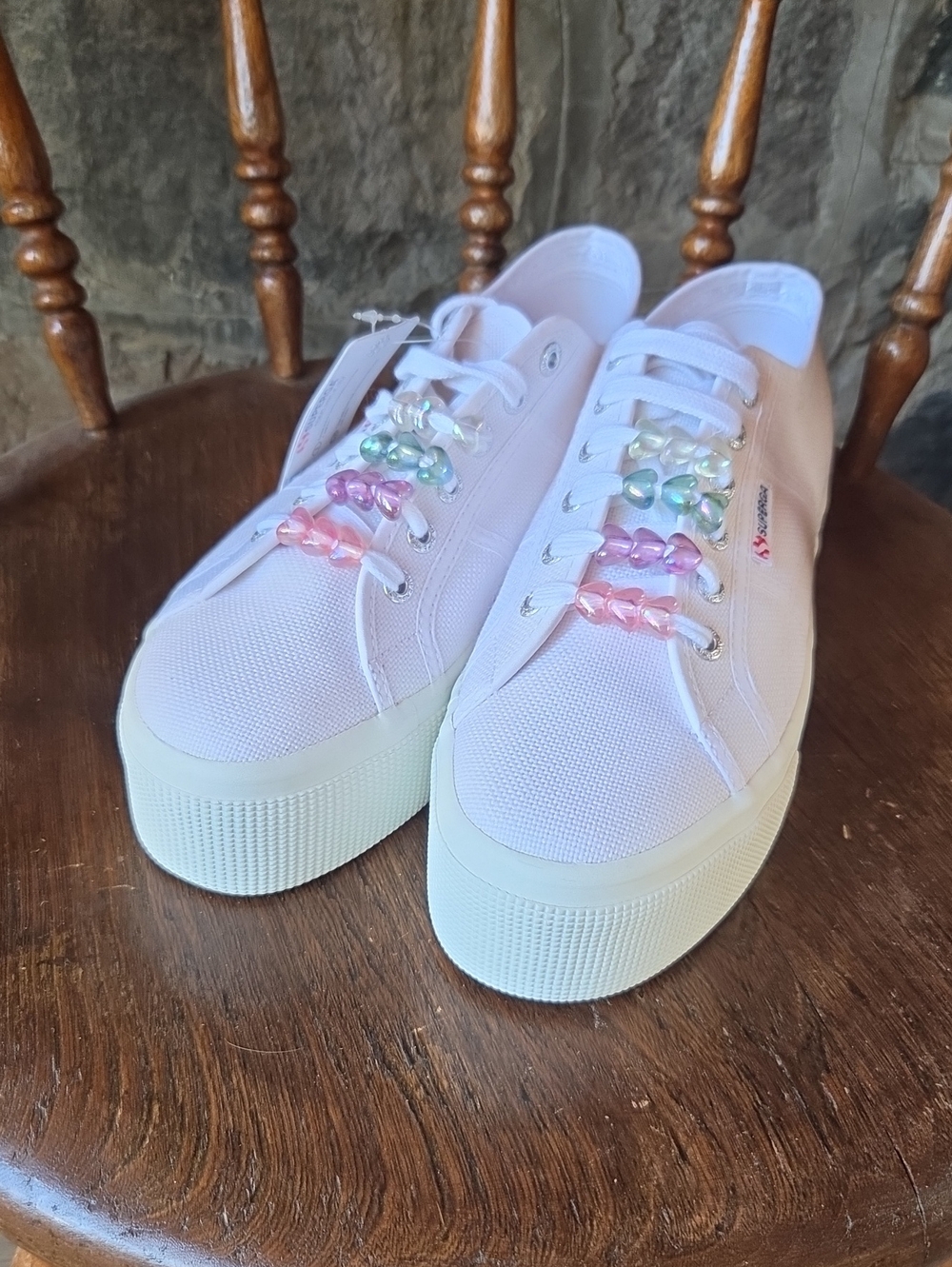 Superga White Platform Sneakers with Pastel Bead Accents